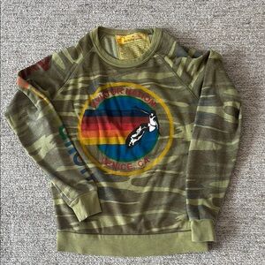 Aviator Nation Green Crewneck Sweater with Rainbow Graphic